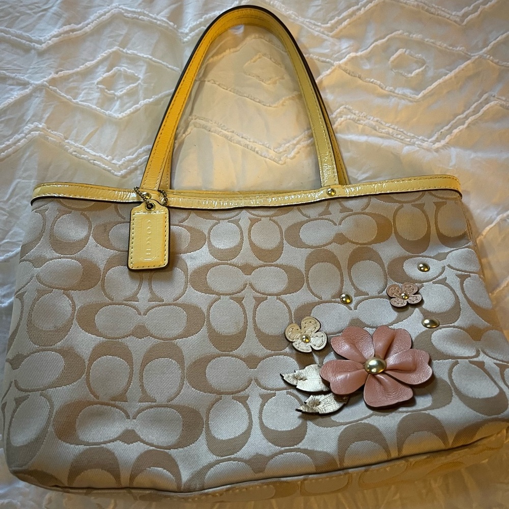 Coach Signature Beige and Pink Floral Accent Shoulder Bag